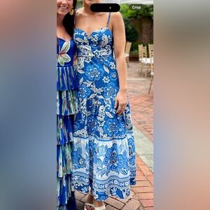 FARM Rio Blue and White Sleeveless Midi Sundress